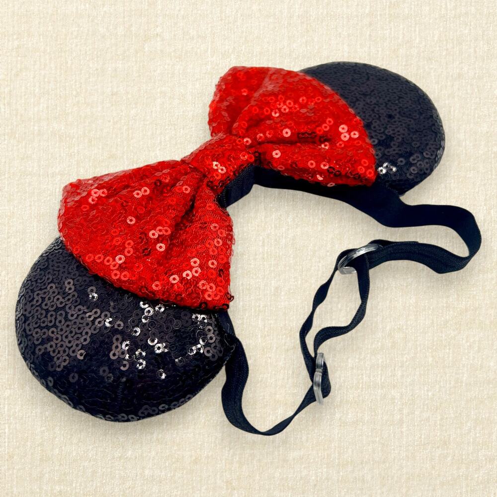 Elastic Black Sequin Minnie Ears — Red Bow | Disney-Inspired Mouse Ears - Picture 3 of 4